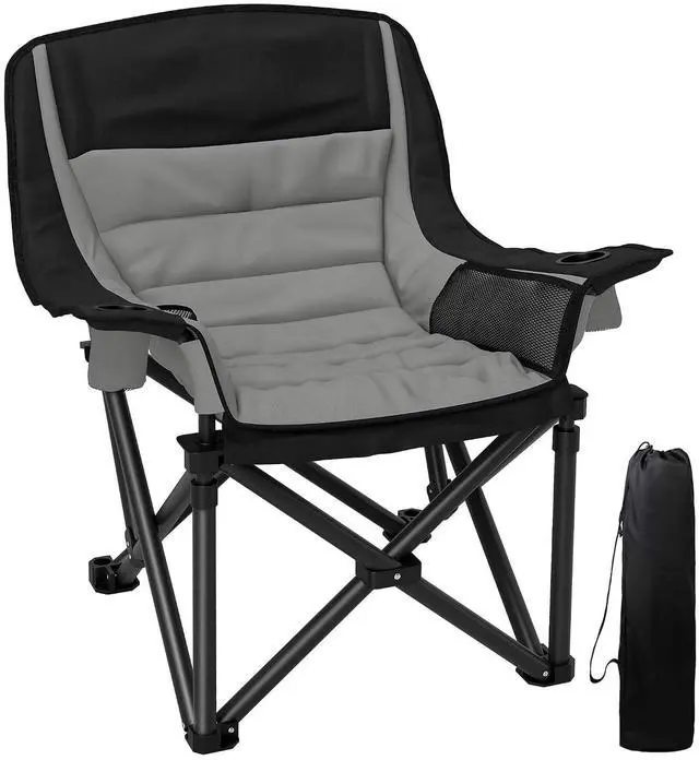 Main image of Single Padded Camping Chair for Adults Portable Black and Gray | Folding, Side Pockets, Cup Holders, Carry Bag, Outdoor Camp Chair, Backyard, Fishing, Sports