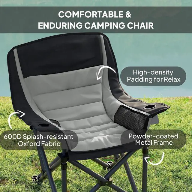 Alt view image 4 of 7 - Single Padded Camping Chair for Adults Portable Black and Gray | Folding, Side Pockets, Cup Holders, Carry Bag, Outdoor Camp Chair, Backyard, Fishing, Sports