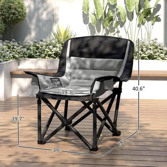 Alt view image 3 of 7 - Single Padded Camping Chair for Adults Portable Black and Gray | Folding, Side Pockets, Cup Holders, Carry Bag, Outdoor Camp Chair, Backyard, Fishing, Sports