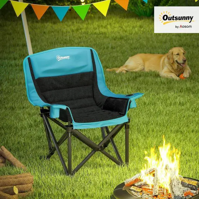 Alt view image 2 of 7 - Single Padded Camping Chair for Adults Portable Green and Black | Folding, Side Pockets, Cup Holders, Carry Bag, Outdoor Camp Chair, Backyard, Fishing, Sports