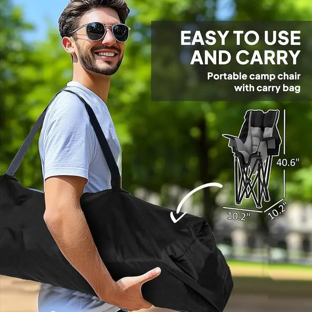 Alt view image 6 of 7 - Single Padded Camping Chair for Adults Portable Black and Gray | Folding, Side Pockets, Cup Holders, Carry Bag, Outdoor Camp Chair, Backyard, Fishing, Sports
