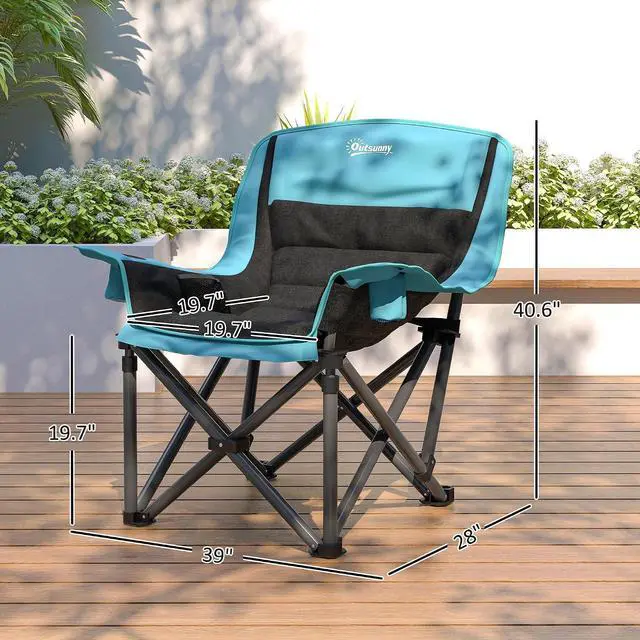 Alt view image 3 of 7 - Single Padded Camping Chair for Adults Portable Green and Black | Folding, Side Pockets, Cup Holders, Carry Bag, Outdoor Camp Chair, Backyard, Fishing, Sports