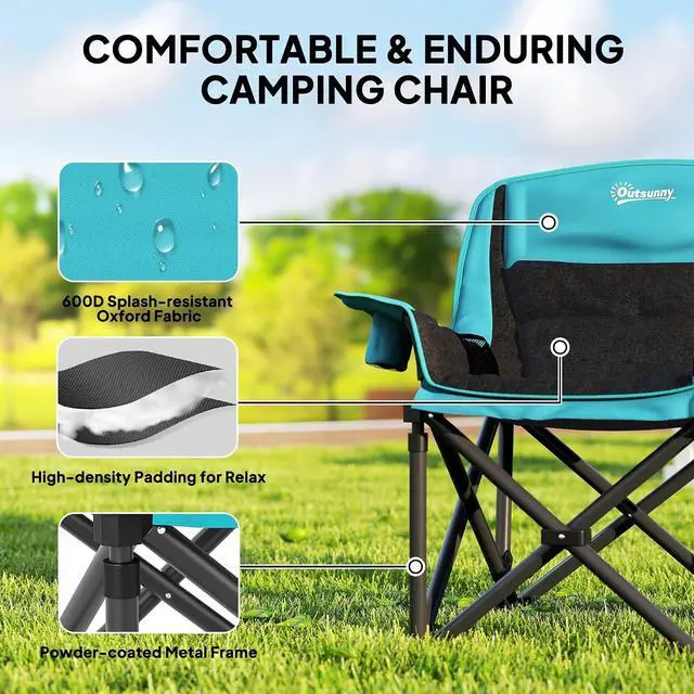 Alt view image 4 of 7 - Single Padded Camping Chair for Adults Portable Green and Black | Folding, Side Pockets, Cup Holders, Carry Bag, Outdoor Camp Chair, Backyard, Fishing, Sports