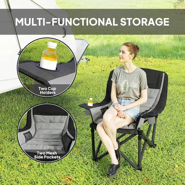 Alt view image 5 of 7 - Single Padded Camping Chair for Adults Portable Black and Gray | Folding, Side Pockets, Cup Holders, Carry Bag, Outdoor Camp Chair, Backyard, Fishing, Sports