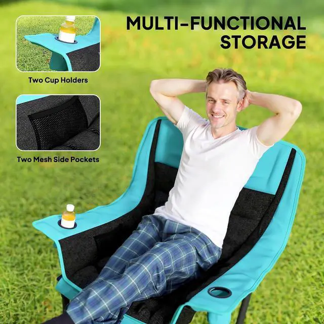 Alt view image 5 of 7 - Single Padded Camping Chair for Adults Portable Green and Black | Folding, Side Pockets, Cup Holders, Carry Bag, Outdoor Camp Chair, Backyard, Fishing, Sports