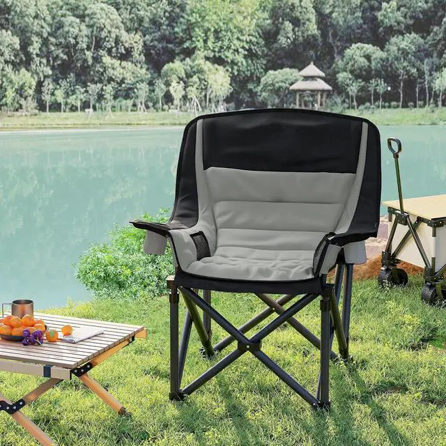 Alt view image 7 of 7 - Single Padded Camping Chair for Adults Portable Black and Gray | Folding, Side Pockets, Cup Holders, Carry Bag, Outdoor Camp Chair, Backyard, Fishing, Sports