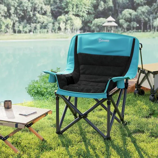 Alt view image 7 of 7 - Single Padded Camping Chair for Adults Portable Green and Black | Folding, Side Pockets, Cup Holders, Carry Bag, Outdoor Camp Chair, Backyard, Fishing, Sports