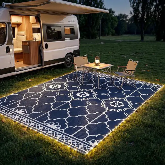 Main image of Reversible Outdoor Rug Carpet 12' x 9' Dark Blue and White | LED Lights, PP Straw Rug, Portable RV Camping Mat, Carry Bag, Ground Stakes, Backyard, Deck, Picnic, Beach