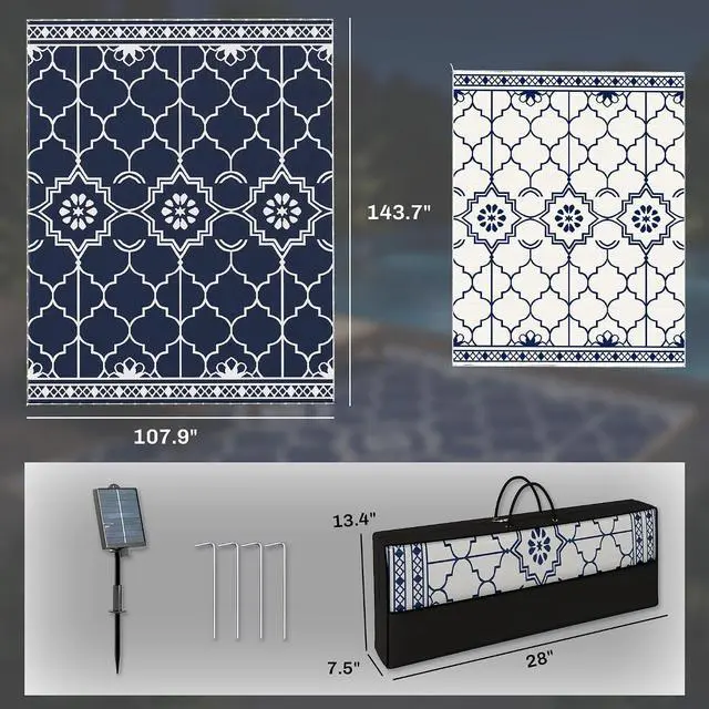 Alt view image 2 of 7 - Reversible Outdoor Rug Carpet 12' x 9' Dark Blue and White | LED Lights, PP Straw Rug, Portable RV Camping Mat, Carry Bag, Ground Stakes, Backyard, Deck, Picnic, Beach
