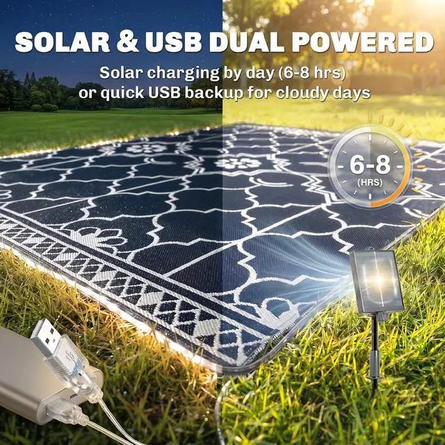 Alt view image 3 of 7 - Reversible Outdoor Rug Carpet 12' x 9' Dark Blue and White | LED Lights, PP Straw Rug, Portable RV Camping Mat, Carry Bag, Ground Stakes, Backyard, Deck, Picnic, Beach