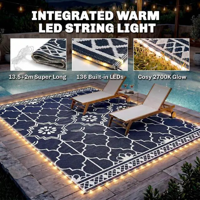Alt view image 4 of 7 - Reversible Outdoor Rug Carpet 12' x 9' Dark Blue and White | LED Lights, PP Straw Rug, Portable RV Camping Mat, Carry Bag, Ground Stakes, Backyard, Deck, Picnic, Beach