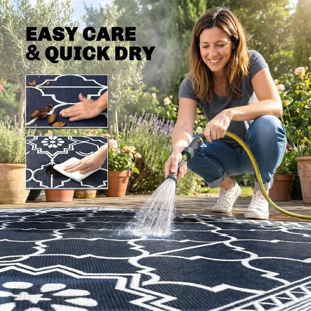 Alt view image 6 of 7 - Reversible Outdoor Rug Carpet 12' x 9' Dark Blue and White | LED Lights, PP Straw Rug, Portable RV Camping Mat, Carry Bag, Ground Stakes, Backyard, Deck, Picnic, Beach