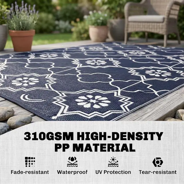 Alt view image 5 of 7 - Reversible Outdoor Rug Carpet 12' x 9' Dark Blue and White | LED Lights, PP Straw Rug, Portable RV Camping Mat, Carry Bag, Ground Stakes, Backyard, Deck, Picnic, Beach