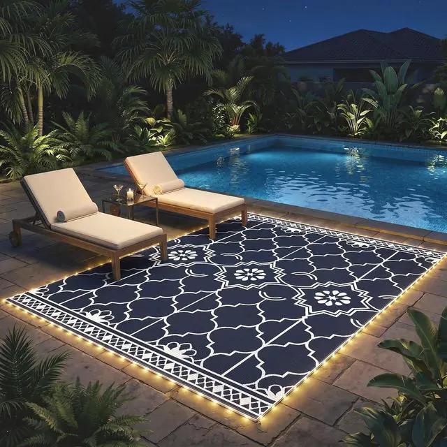 Alt view image 7 of 7 - Reversible Outdoor Rug Carpet 12' x 9' Dark Blue and White | LED Lights, PP Straw Rug, Portable RV Camping Mat, Carry Bag, Ground Stakes, Backyard, Deck, Picnic, Beach