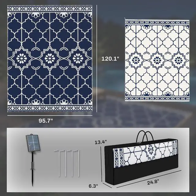 Alt view image 2 of 7 - Reversible Outdoor Rug Carpet 10' x 8' Dark Blue and White | LED Lights, PP Straw Rug, Portable RV Camping Mat, Carry Bag, Ground Stakes, Backyard, Deck, Picnic, Beach