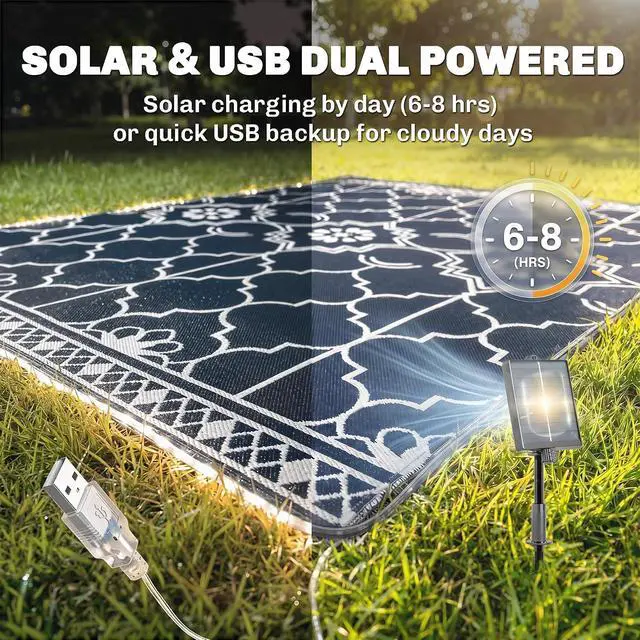Alt view image 3 of 7 - Reversible Outdoor Rug Carpet 10' x 8' Dark Blue and White | LED Lights, PP Straw Rug, Portable RV Camping Mat, Carry Bag, Ground Stakes, Backyard, Deck, Picnic, Beach