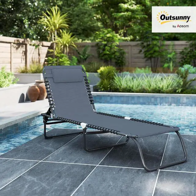Alt view image 2 of 7 - Folding Chaise Lounge Chair Outdoor Mesh Seat Gray | Patio Sun Tanning Chair, Outdoor Chaise Lounge, Breathable Mesh Seat, Beach, Poolside, Yard