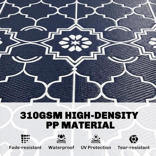 Alt view image 5 of 7 - Reversible Outdoor Rug Carpet 10' x 8' Dark Blue and White | LED Lights, PP Straw Rug, Portable RV Camping Mat, Carry Bag, Ground Stakes, Backyard, Deck, Picnic, Beach