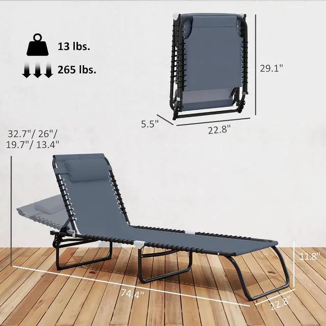 Alt view image 3 of 7 - Folding Chaise Lounge Chair Outdoor Mesh Seat Gray | Patio Sun Tanning Chair, Outdoor Chaise Lounge, Breathable Mesh Seat, Beach, Poolside, Yard