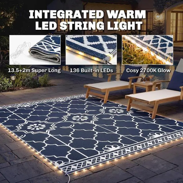Alt view image 4 of 7 - Reversible Outdoor Rug Carpet 10' x 8' Dark Blue and White | LED Lights, PP Straw Rug, Portable RV Camping Mat, Carry Bag, Ground Stakes, Backyard, Deck, Picnic, Beach
