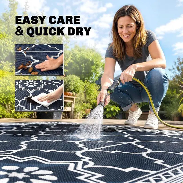 Alt view image 6 of 7 - Reversible Outdoor Rug Carpet 10' x 8' Dark Blue and White | LED Lights, PP Straw Rug, Portable RV Camping Mat, Carry Bag, Ground Stakes, Backyard, Deck, Picnic, Beach