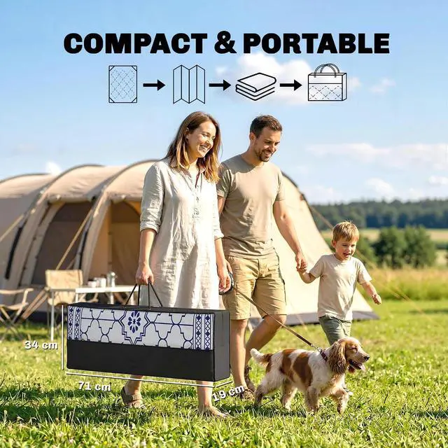 Alt view image 7 of 7 - Reversible Outdoor Rug Carpet 10' x 8' Dark Blue and White | LED Lights, PP Straw Rug, Portable RV Camping Mat, Carry Bag, Ground Stakes, Backyard, Deck, Picnic, Beach