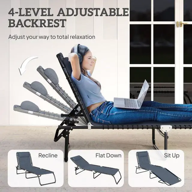 Alt view image 4 of 7 - Folding Chaise Lounge Chair Outdoor Mesh Seat Gray | Patio Sun Tanning Chair, Outdoor Chaise Lounge, Breathable Mesh Seat, Beach, Poolside, Yard