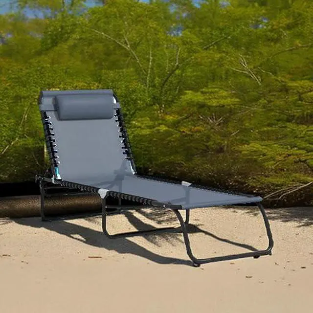 Alt view image 6 of 7 - Folding Chaise Lounge Chair Outdoor Mesh Seat Gray | Patio Sun Tanning Chair, Outdoor Chaise Lounge, Breathable Mesh Seat, Beach, Poolside, Yard