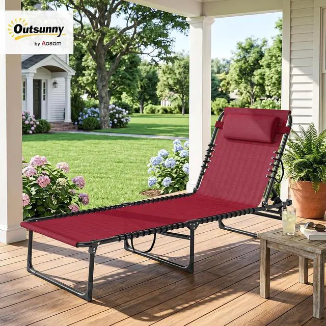 Alt view image 2 of 7 - Folding Chaise Lounge Chair Outdoor Mesh Seat Wine Red | Patio Sun Tanning Chair, Outdoor Chaise Lounger, Breathable Mesh Seat, Beach, Poolside, Yard