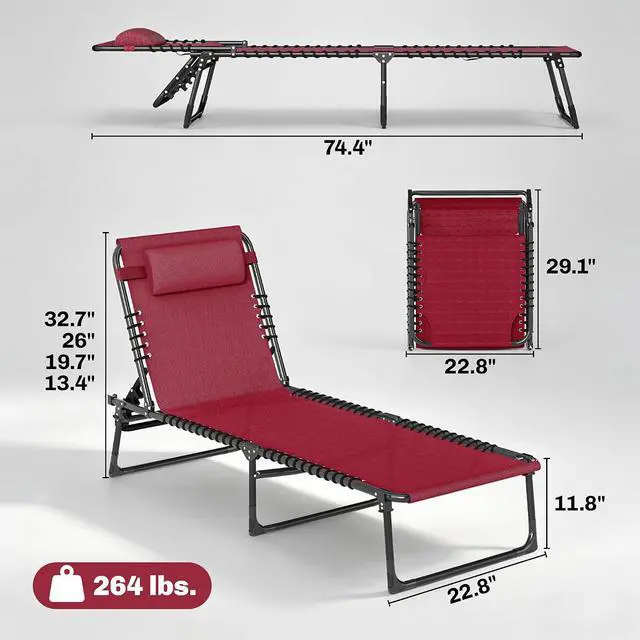 Alt view image 3 of 7 - Folding Chaise Lounge Chair Outdoor Mesh Seat Wine Red | Patio Sun Tanning Chair, Outdoor Chaise Lounger, Breathable Mesh Seat, Beach, Poolside, Yard