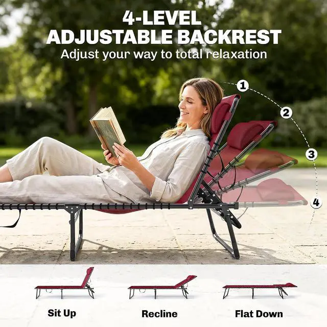 Alt view image 4 of 7 - Folding Chaise Lounge Chair Outdoor Mesh Seat Wine Red | Patio Sun Tanning Chair, Outdoor Chaise Lounger, Breathable Mesh Seat, Beach, Poolside, Yard