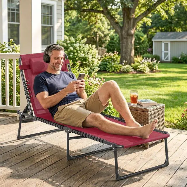 Alt view image 7 of 7 - Folding Chaise Lounge Chair Outdoor Mesh Seat Wine Red | Patio Sun Tanning Chair, Outdoor Chaise Lounger, Breathable Mesh Seat, Beach, Poolside, Yard