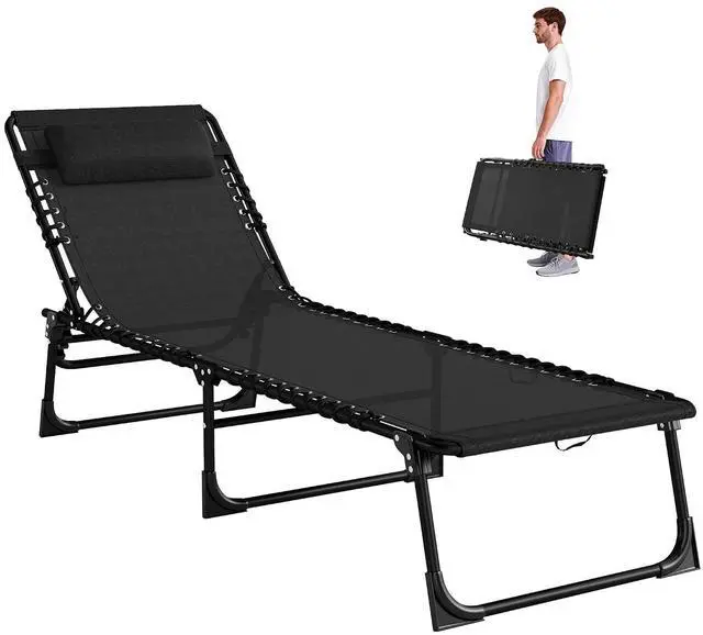 Main image of Folding Chaise Lounge Chair Outdoor Mesh Seat Black | Foldable, Sun Tanning Chair, Chaise Lounger, 4-Position Reclining Back, for Outside Patio Beach Poolside Backyard
