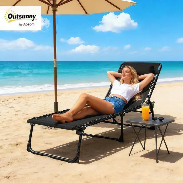 Alt view image 2 of 7 - Folding Chaise Lounge Chair Outdoor Mesh Seat Black | Foldable, Sun Tanning Chair, Chaise Lounger, 4-Position Reclining Back, for Outside Patio Beach Poolside Backyard