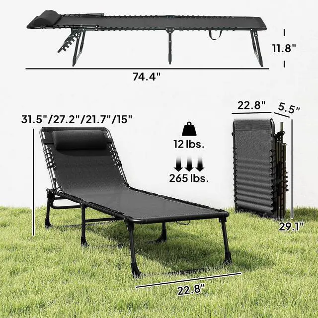 Alt view image 3 of 7 - Folding Chaise Lounge Chair Outdoor Mesh Seat Black | Foldable, Sun Tanning Chair, Chaise Lounger, 4-Position Reclining Back, for Outside Patio Beach Poolside Backyard