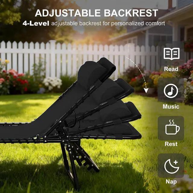 Alt view image 4 of 7 - Folding Chaise Lounge Chair Outdoor Mesh Seat Black | Foldable, Sun Tanning Chair, Chaise Lounger, 4-Position Reclining Back, for Outside Patio Beach Poolside Backyard