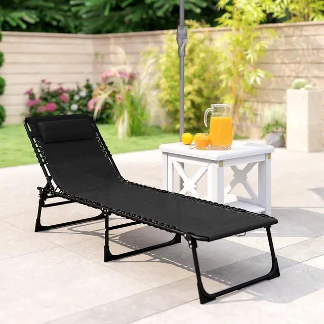 Alt view image 7 of 7 - Folding Chaise Lounge Chair Outdoor Mesh Seat Black | Foldable, Sun Tanning Chair, Chaise Lounger, 4-Position Reclining Back, for Outside Patio Beach Poolside Backyard
