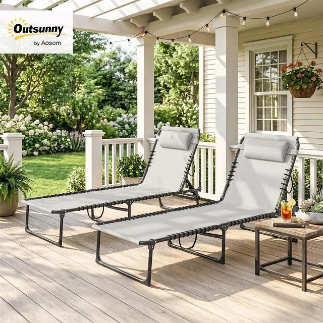 Alt view image 2 of 7 - Folding Chaise Lounge Chair Outdoor Set of 2 Mesh Seat Cream | Foldable, Sun Tanning Chair, Chaise Lounger, 4-Position Reclining Back, for Outside Patio Beach Poolside Backyard