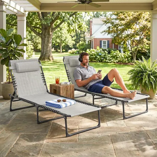 Alt view image 7 of 7 - Folding Chaise Lounge Chair Outdoor Set of 2 Mesh Seat Cream | Foldable, Sun Tanning Chair, Chaise Lounger, 4-Position Reclining Back, for Outside Patio Beach Poolside Backyard