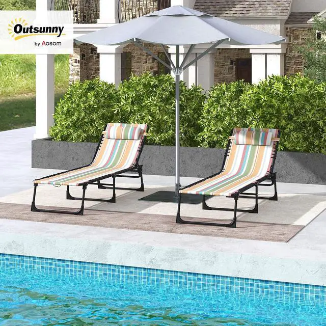 Alt view image 2 of 7 - Folding Chaise Lounge Chair Outdoor Set of 2 Mesh Seat Rainbow | Foldable, Sun Tanning Chair, Chaise Lounger, 4-Position Reclining Back, for Outside Patio Beach Poolside Backyard