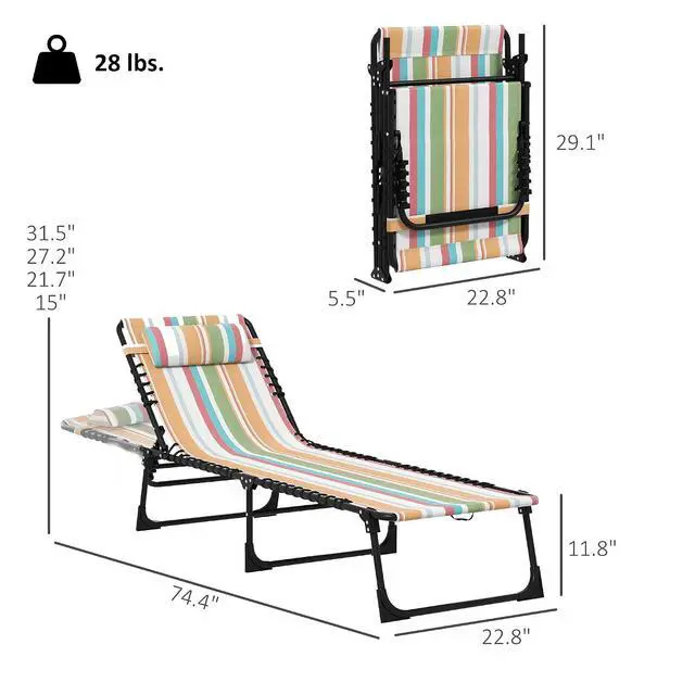 Alt view image 3 of 7 - Folding Chaise Lounge Chair Outdoor Set of 2 Mesh Seat Rainbow | Foldable, Sun Tanning Chair, Chaise Lounger, 4-Position Reclining Back, for Outside Patio Beach Poolside Backyard