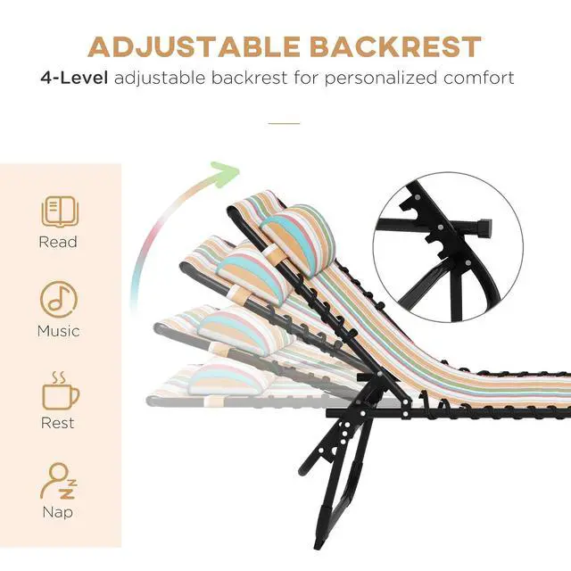 Alt view image 4 of 7 - Folding Chaise Lounge Chair Outdoor Set of 2 Mesh Seat Rainbow | Foldable, Sun Tanning Chair, Chaise Lounger, 4-Position Reclining Back, for Outside Patio Beach Poolside Backyard