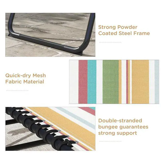 Alt view image 5 of 7 - Folding Chaise Lounge Chair Outdoor Set of 2 Mesh Seat Rainbow | Foldable, Sun Tanning Chair, Chaise Lounger, 4-Position Reclining Back, for Outside Patio Beach Poolside Backyard