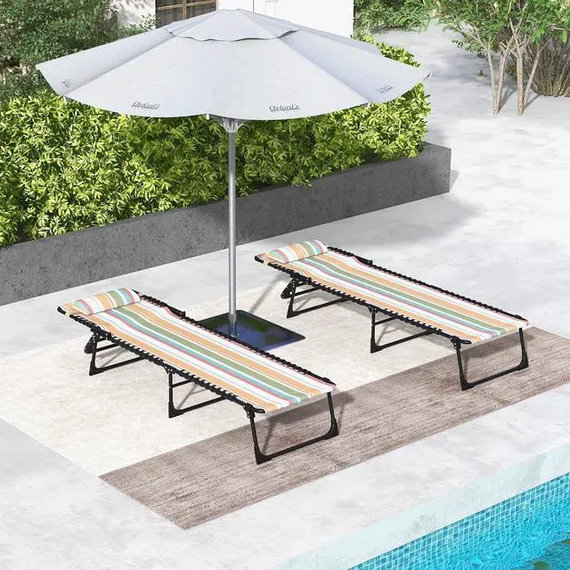 Alt view image 7 of 7 - Folding Chaise Lounge Chair Outdoor Set of 2 Mesh Seat Rainbow | Foldable, Sun Tanning Chair, Chaise Lounger, 4-Position Reclining Back, for Outside Patio Beach Poolside Backyard