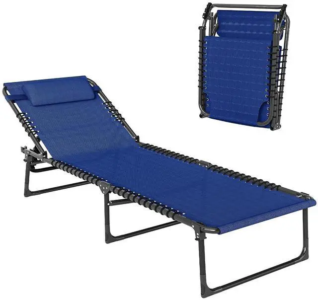 Main image of Folding Chaise Lounge Chair, Mesh Seat, Blue | Foldable, Sun Tanning Chair, Chaise Lounger, 4-Position Reclining Back, for Outside Patio Beach Poolside Backyard