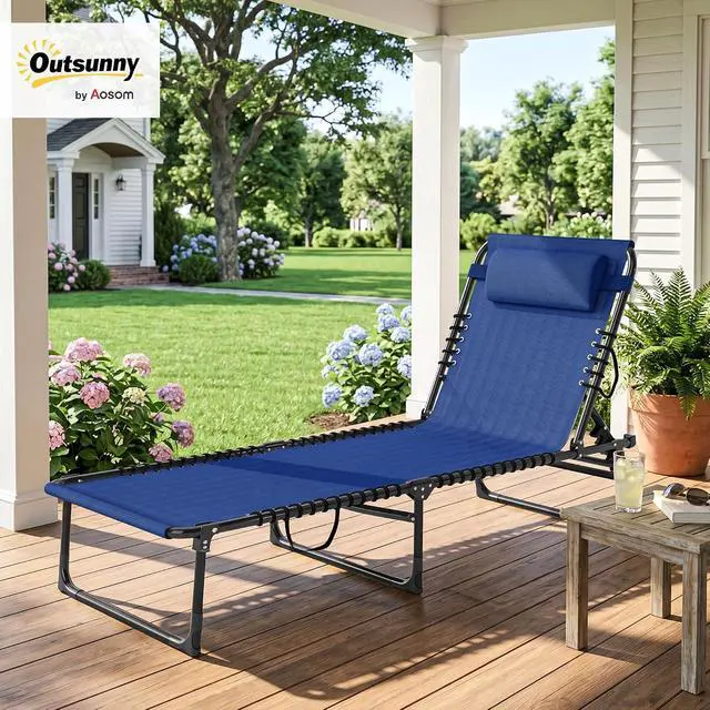 Alt view image 2 of 7 - Folding Chaise Lounge Chair, Mesh Seat, Blue | Foldable, Sun Tanning Chair, Chaise Lounger, 4-Position Reclining Back, for Outside Patio Beach Poolside Backyard