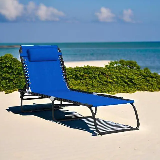 Alt view image 6 of 7 - Folding Chaise Lounge Chair, Mesh Seat, Blue | Foldable, Sun Tanning Chair, Chaise Lounger, 4-Position Reclining Back, for Outside Patio Beach Poolside Backyard