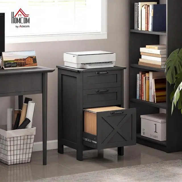 Alt view image 2 of 7 - 3 Drawer File Cabinet Printer Stand Silent Slides Distressed Black | Vertical Filing Cabinet for Hanging A4/Letter Size, Rustic Farmhouse Printer Stand with Storage, Home Office