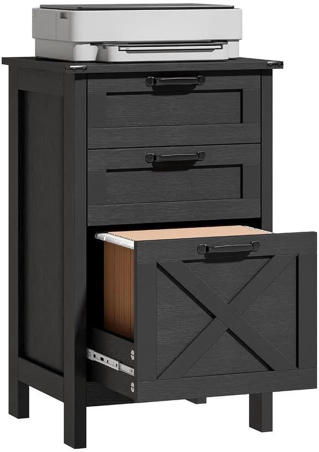 Main image of 3 Drawer File Cabinet Printer Stand Silent Slides Distressed Black | Vertical Filing Cabinet for Hanging A4/Letter Size, Rustic Farmhouse Printer Stand with Storage, Home Office