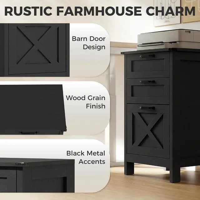 Alt view image 4 of 7 - 3 Drawer File Cabinet Printer Stand Silent Slides Distressed Black | Vertical Filing Cabinet for Hanging A4/Letter Size, Rustic Farmhouse Printer Stand with Storage, Home Office